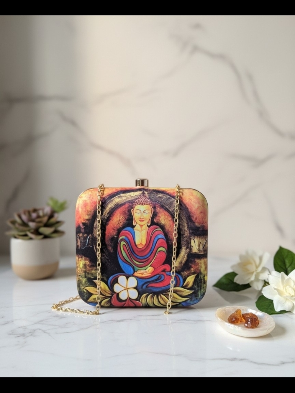 Handcrafted Buddha Art Square Clutch Bag - Multicolor
